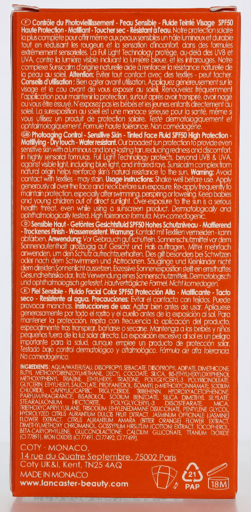 Lancaster Sun Sensitive Tinted Mattifying Fluid SPF50 30ml